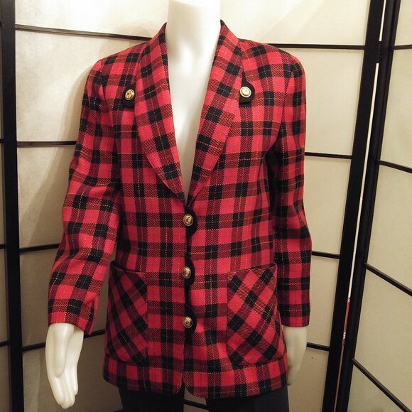 Vintage 1970's Red and Black Plaid Blazer by Simon Chang - Size 8, retro office - Picture 1 of 7
